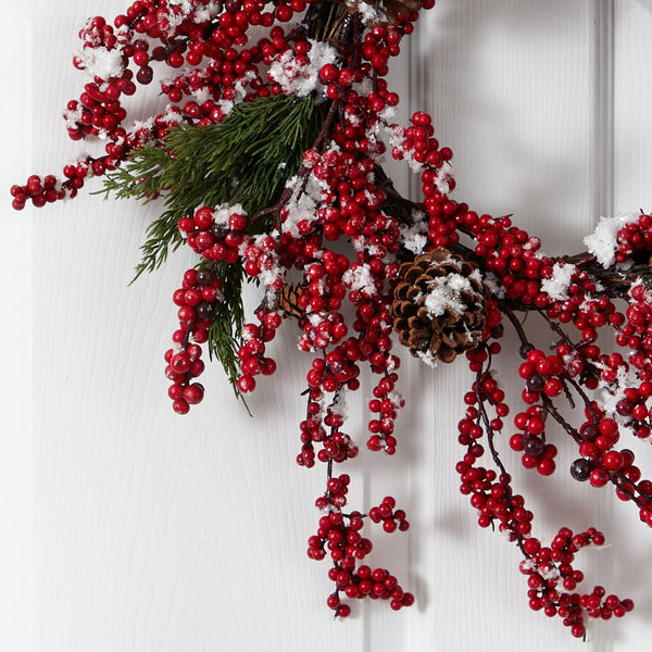 24” Frosted Cypress Artificial Wreath with 
Berries and Pine Cones