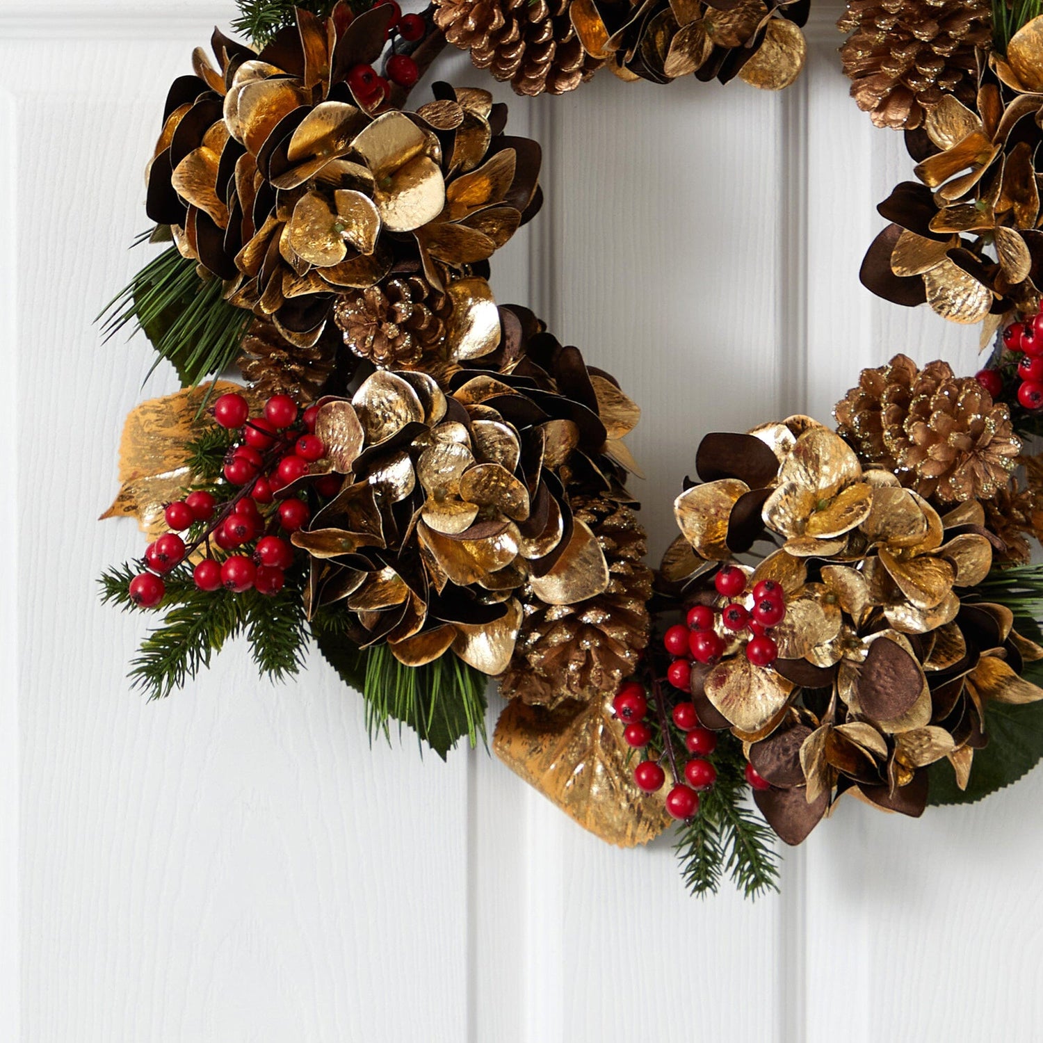 24” Golden Hydrangea with Berries and Pine Artificial Wreath