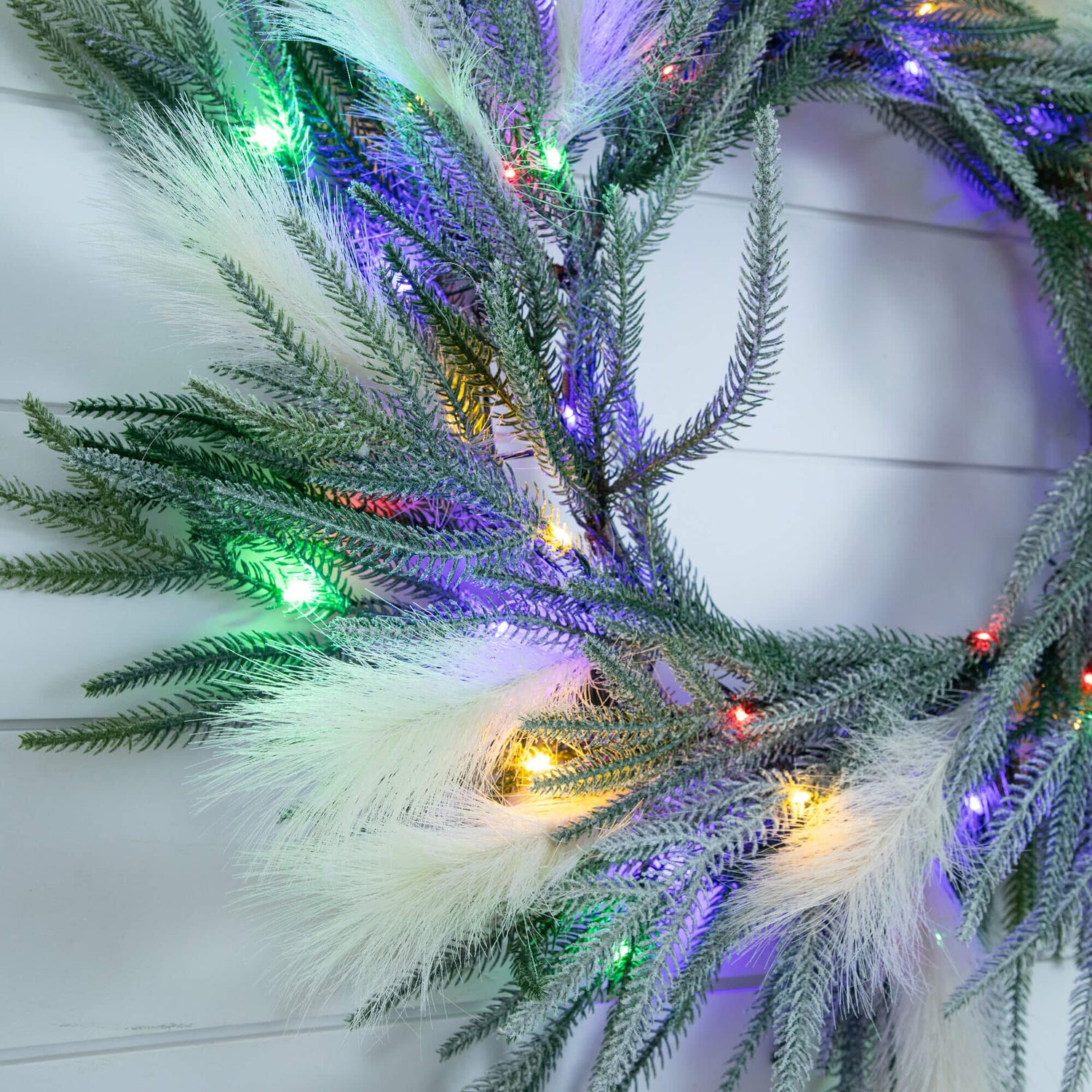 24" Artificial Balsma Fir Pine and Pampas Wreath with 50 Color Changing LED Lights