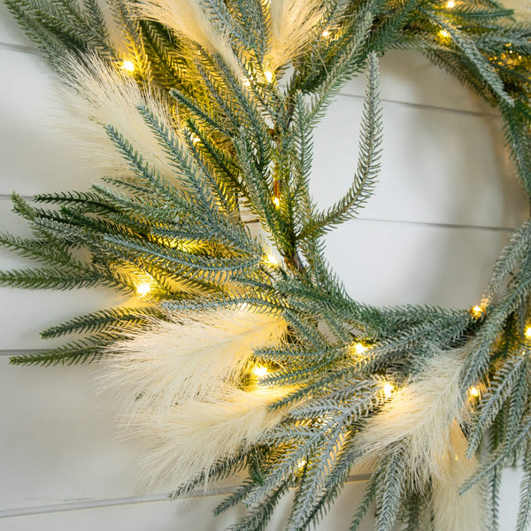 24" Artificial Balsma Fir Pine and Pampas Wreath with 50 Color Changing LED Lights