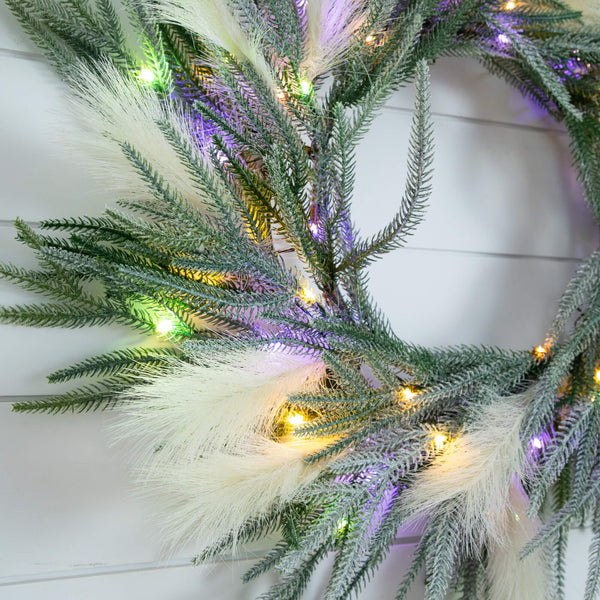 24" Artificial Balsma Fir Pine and Pampas Wreath with 50 Color Changing LED Lights
