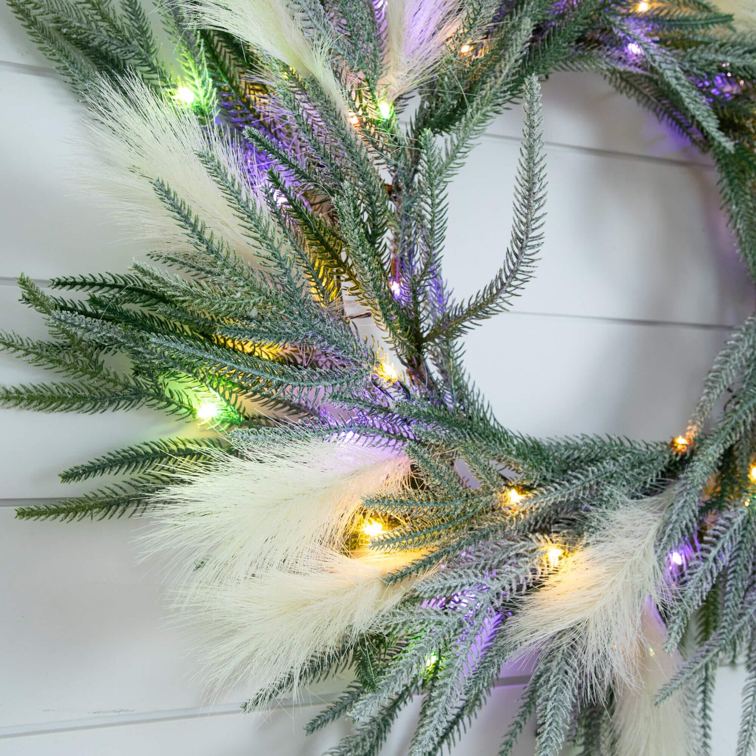 24" Artificial Balsma Fir Pine and Pampas Wreath with 50 Color Changing LED Lights