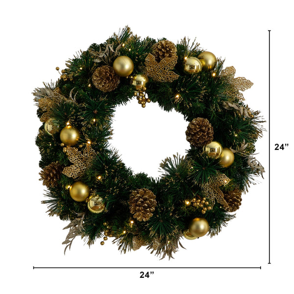 24" Pre-Lit Artificial Golden Frosted Christmas Wreath with 50 Warm White LED Lights Pinecones, Berries and Ornaments