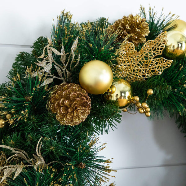 24" Pre-Lit Artificial Golden Frosted Christmas Wreath with 50 Warm White LED Lights Pinecones, Berries and Ornaments