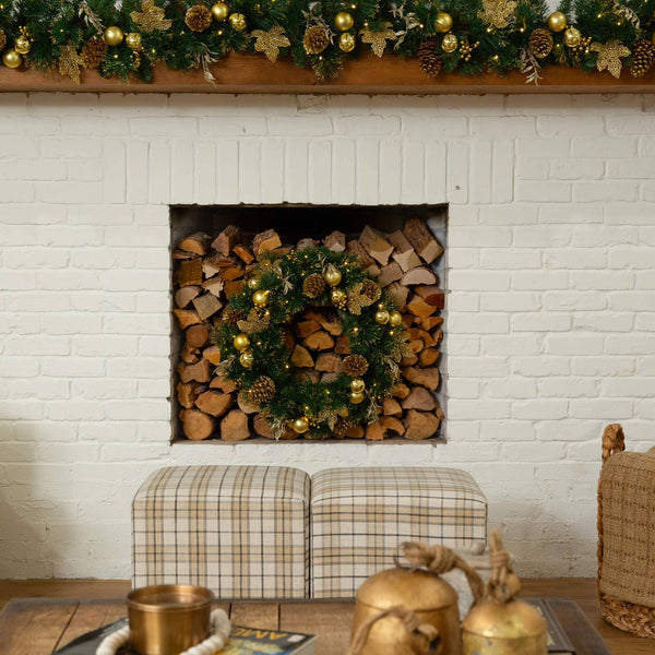 24" Pre-Lit Artificial Golden Frosted Christmas Wreath with 50 Warm White LED Lights Pinecones, Berries and Ornaments