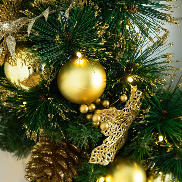 24" Pre-Lit Artificial Golden Frosted Christmas Wreath with 50 Warm White LED Lights Pinecones, Berries and Ornaments