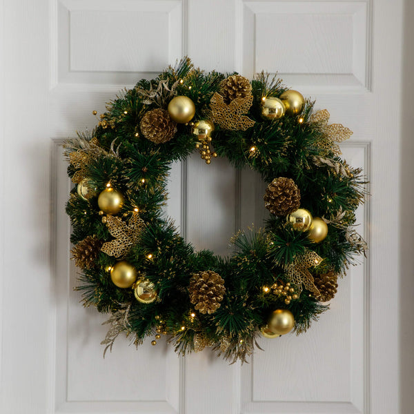 24" Pre-Lit Artificial Golden Frosted Christmas Wreath with 50 Warm White LED Lights Pinecones, Berries and Ornaments