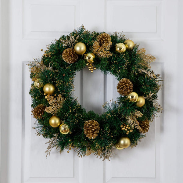 24" Pre-Lit Artificial Golden Frosted Christmas Wreath with 50 Warm White LED Lights Pinecones, Berries and Ornaments