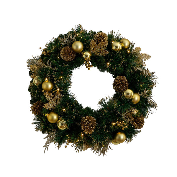 24" Pre-Lit Artificial Golden Frosted Christmas Wreath with 50 Warm White LED Lights Pinecones, Berries and Ornaments