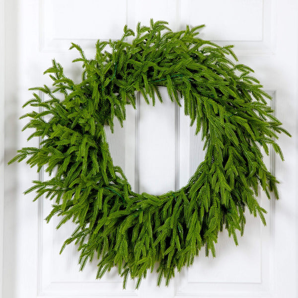 24" Pre-Lit Artificial Real Touch Norfolk Island Pine Wreath with 50 Warm White LED Lights and Natural Look