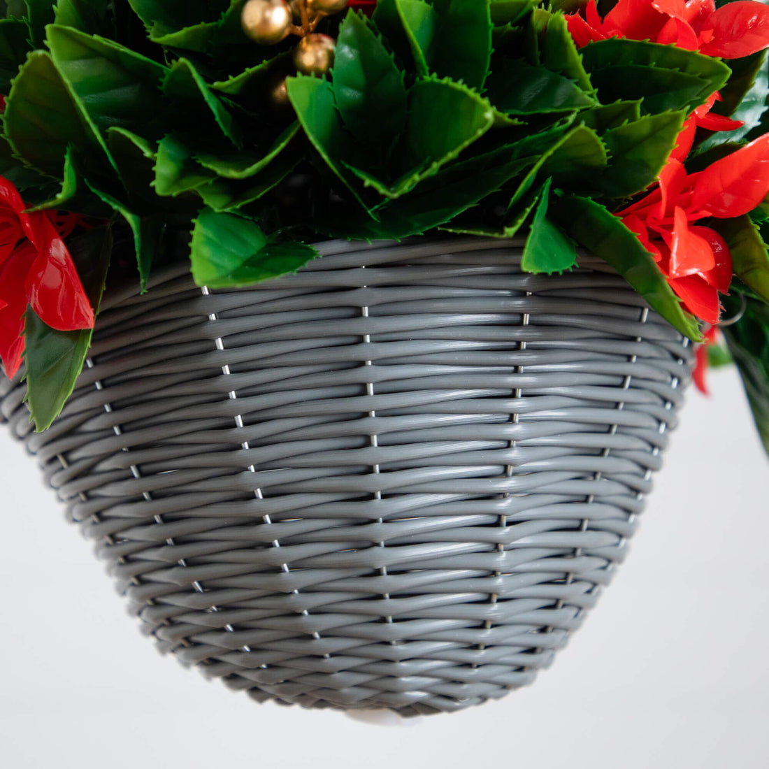 hanging baskets pre planted Nearly Natural 24-Inch Pre-Lit UV Resistant Artificial Red Tip Photinia & Gold Berries Christmas Hanging Basket with 34 Warm White LED Lights, Green