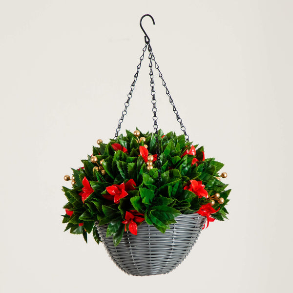 24" Pre-Lit UV Resistant Artificial Red Tip Photinia & Gold Berries Christmas Hanging Basket with 34 Warm White LED Lights (Indoor/Outdoor)
