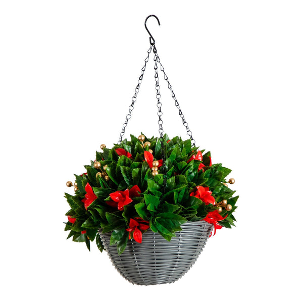 24" Pre-Lit UV Resistant Artificial Red Tip Photinia & Gold Berries Christmas Hanging Basket with 34 Warm White LED Lights (Indoor/Outdoor)