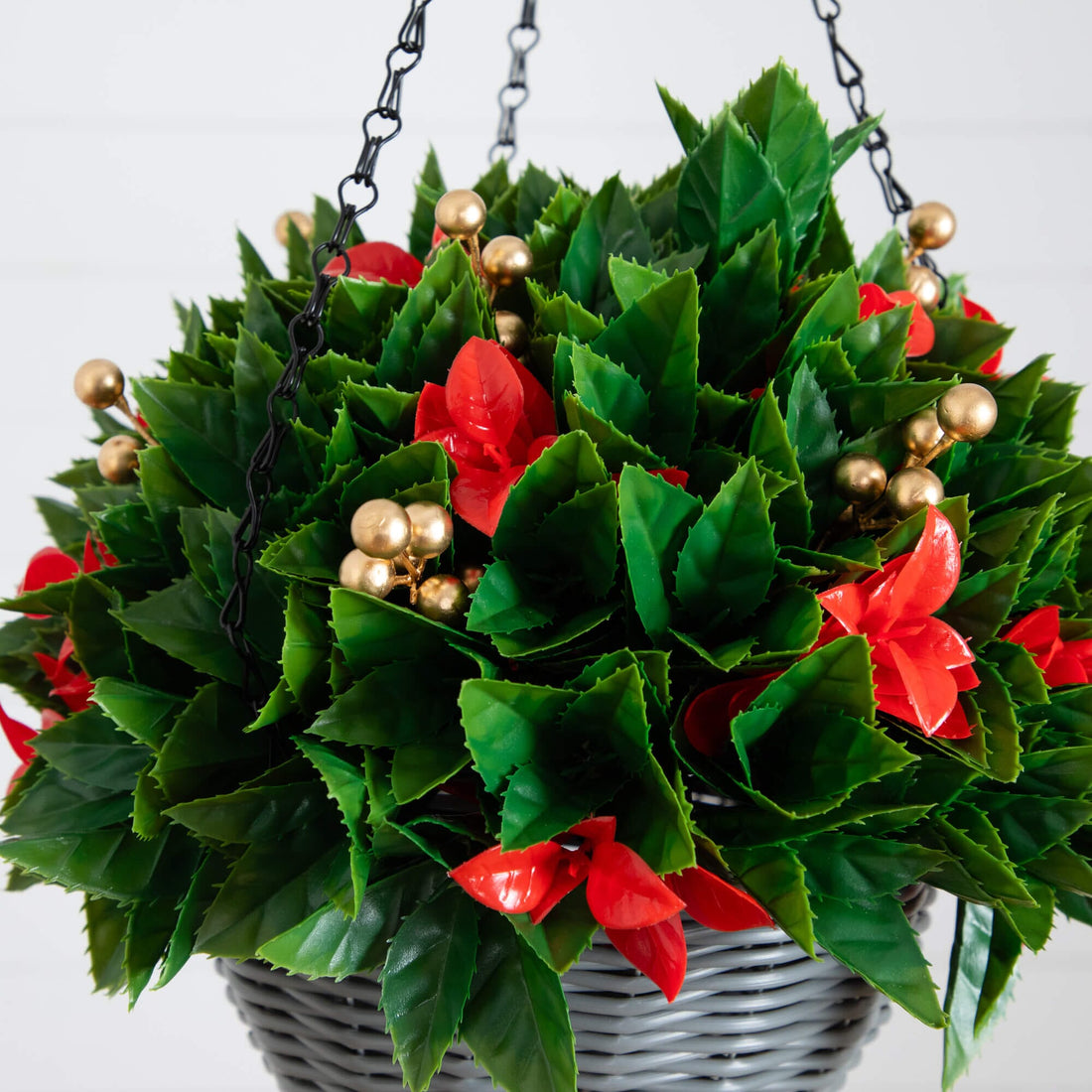 lighted hanging plants Nearly Natural 24-Inch Pre-Lit UV Resistant Artificial Red Tip Photinia & Gold Berries Christmas Hanging Basket with 34 Warm White LED Lights, Green