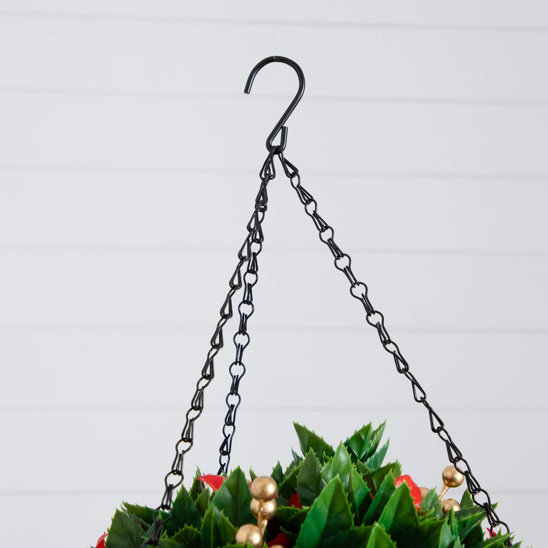 pre lit indoor plants Nearly Natural 24-Inch Pre-Lit UV Resistant Artificial Red Tip Photinia & Gold Berries Christmas Hanging Basket with 34 Warm White LED Lights, Green