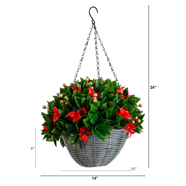 24" Pre-Lit UV Resistant Artificial Red Tip Photinia & Gold Berries Christmas Hanging Basket with 34 Warm White LED Lights (Indoor/Outdoor)