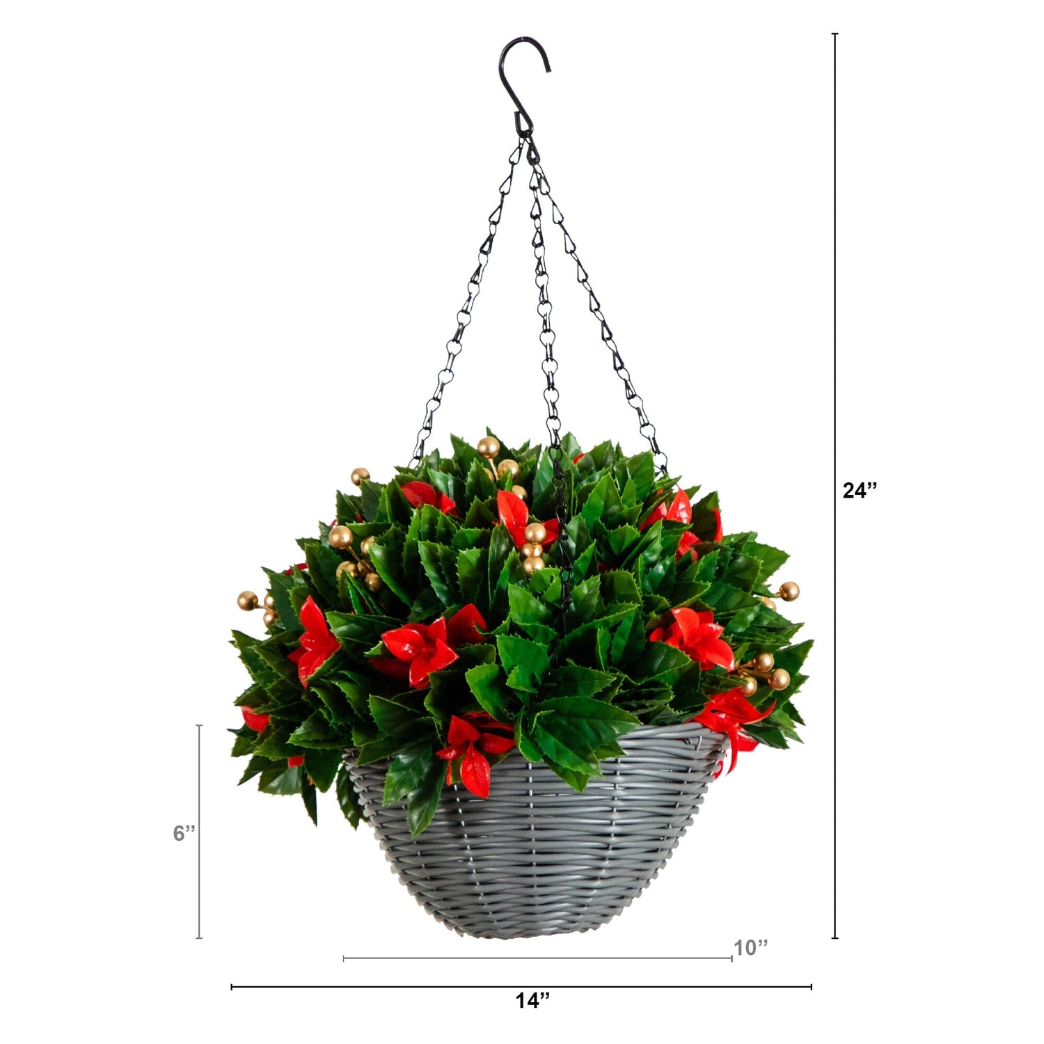 24" Pre-Lit UV Resistant Artificial Red Tip Photinia & Gold Berries Christmas Hanging Basket with 34 Warm White LED Lights (Indoor/Outdoor)