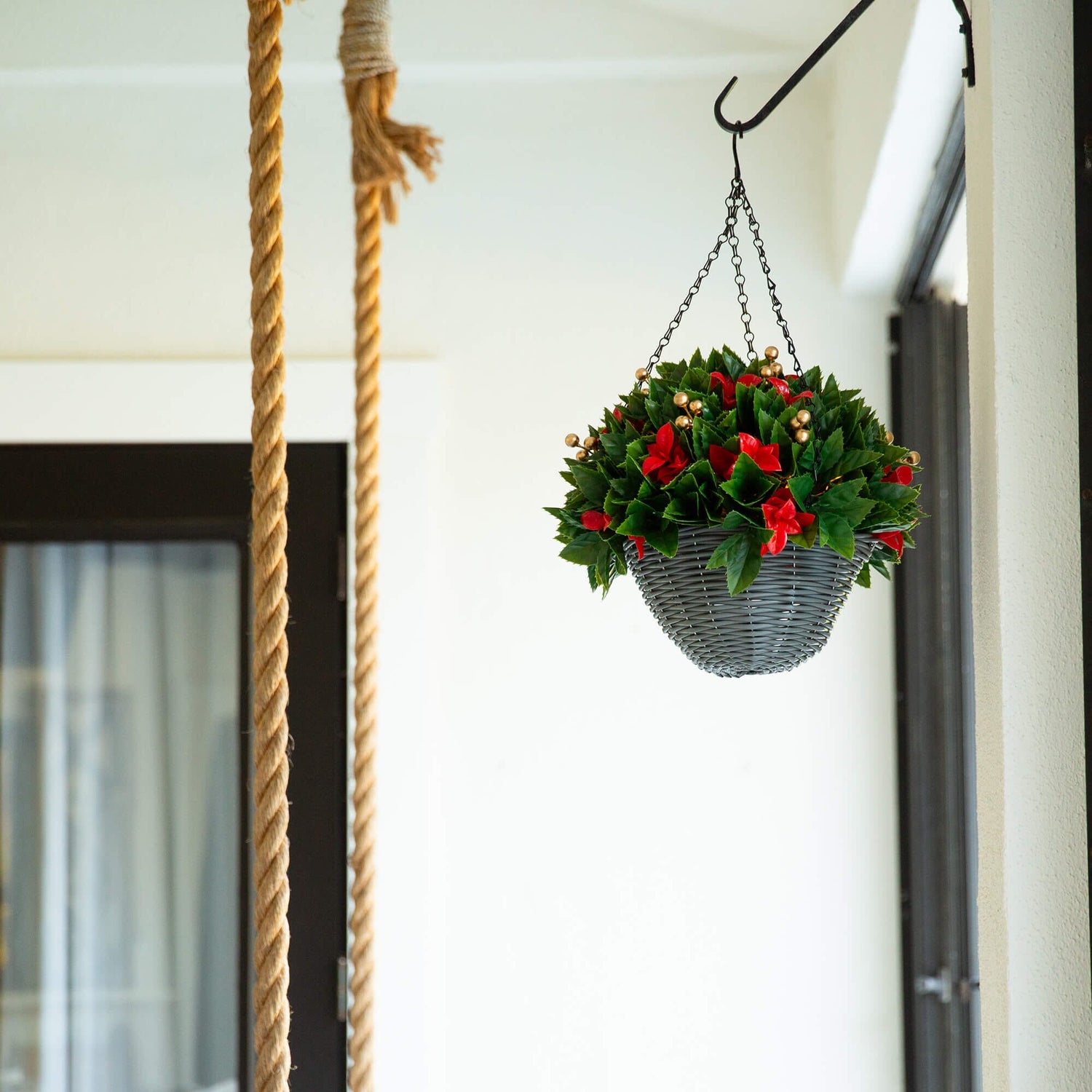 24" Pre-Lit UV Resistant Artificial Red Tip Photinia & Gold Berries Christmas Hanging Basket with 34 Warm White LED Lights (Indoor/Outdoor)