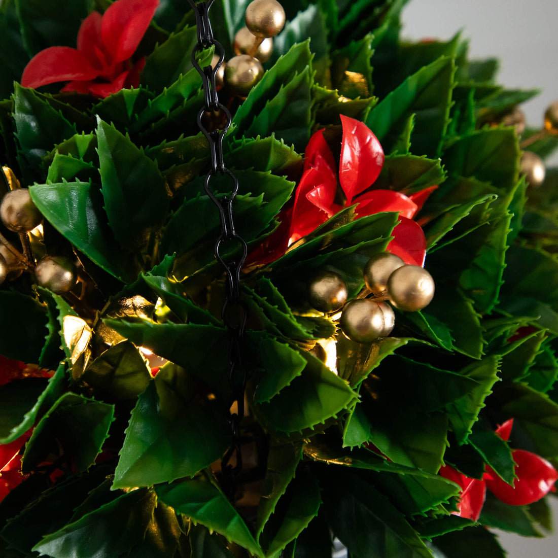 pre lit indoor plants Nearly Natural 24-Inch Pre-Lit UV Resistant Artificial Red Tip Photinia & Gold Berries Christmas Hanging Basket with 34 Warm White LED Lights, Green