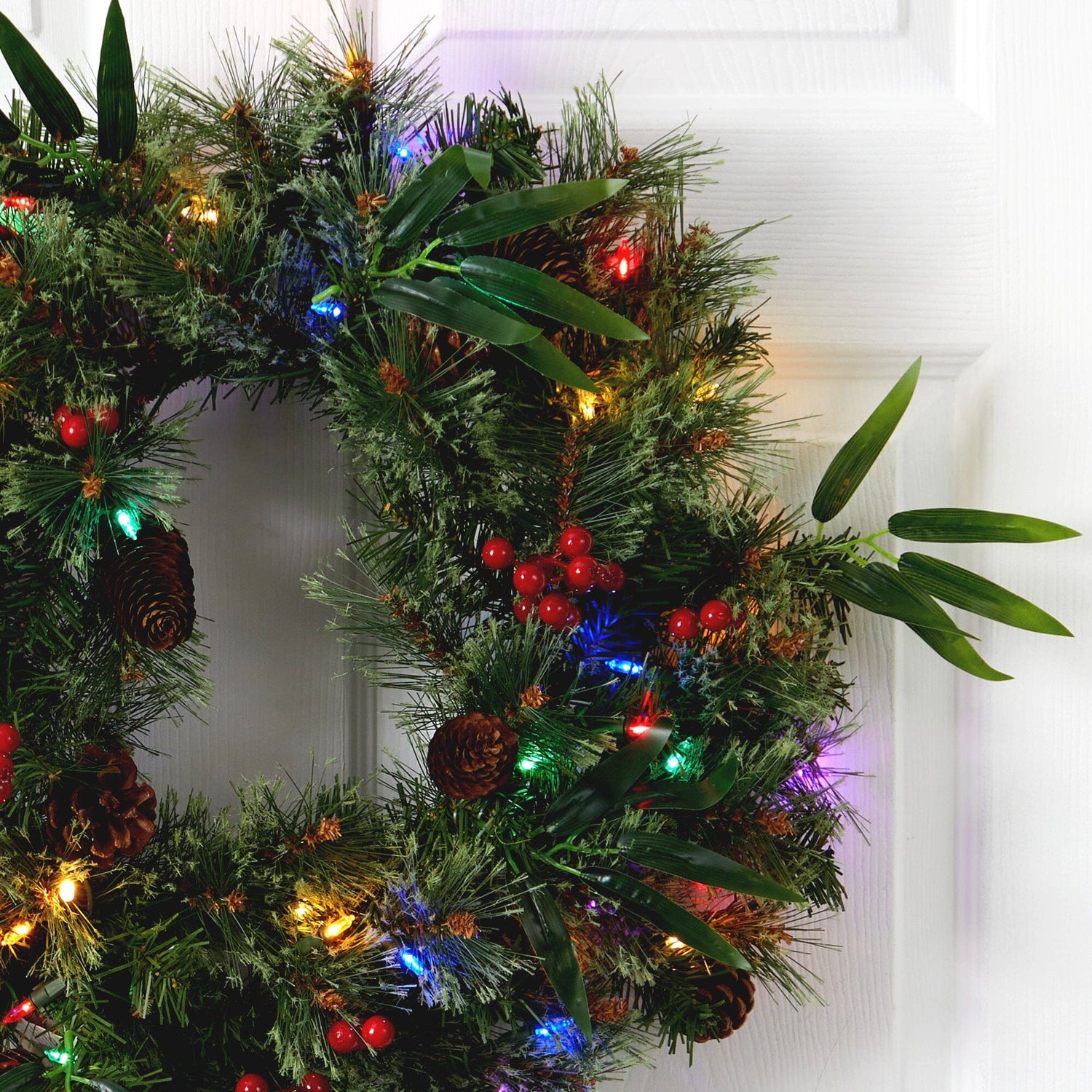 24” Mixed Pine Artificial Christmas Wreath with 50 Multicolored LED Lights, Berries and Pine Cones
