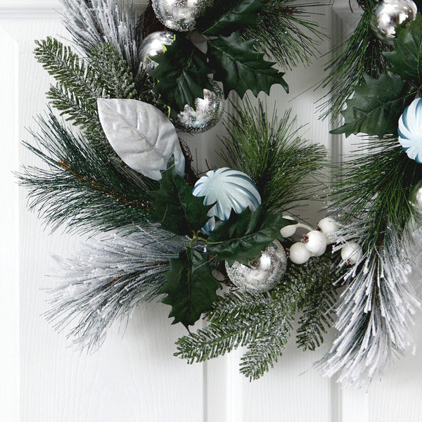 24” Pinecones and Berries Christmas Artificial Wreath with Silver Ornaments