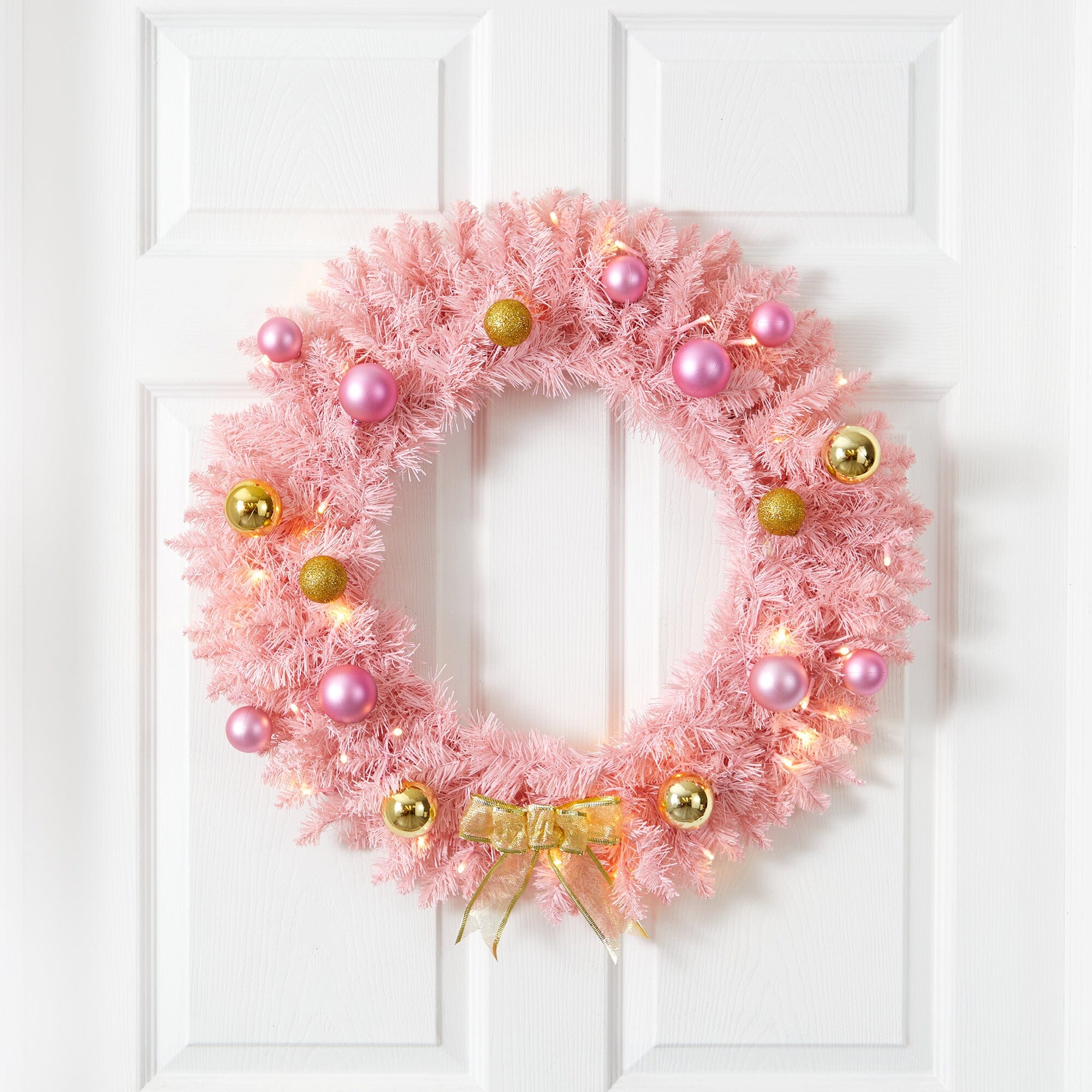 24” Pink Artificial Christmas Wreath with 35 LED Lights and