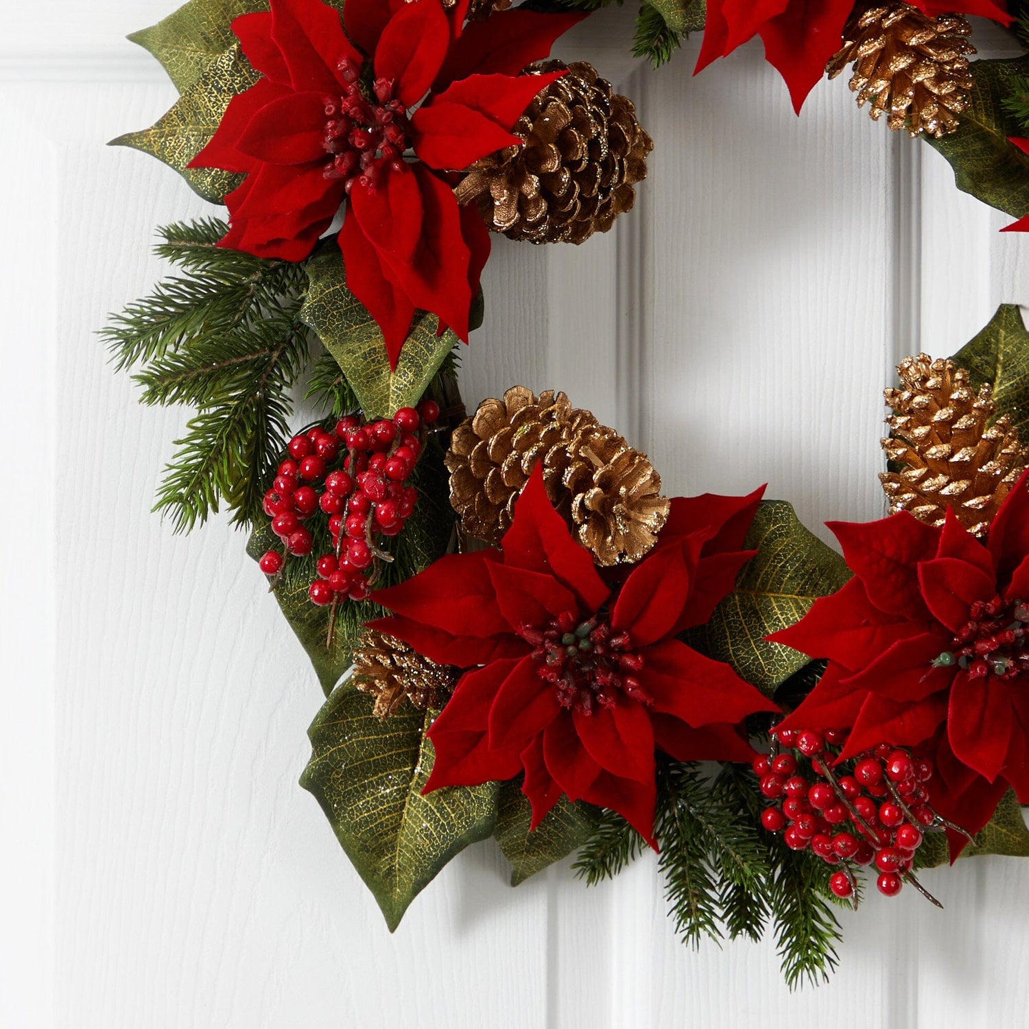 24” Poinsettia, Berry and Golden Pine Cone Artificial Wreath