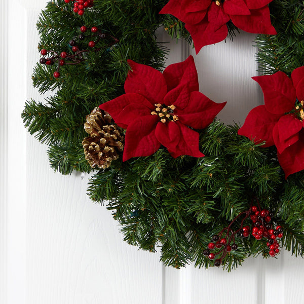 24” Poinsettia, Berry and Pinecone Artificial Wreath with 50 Warm White LED Lights