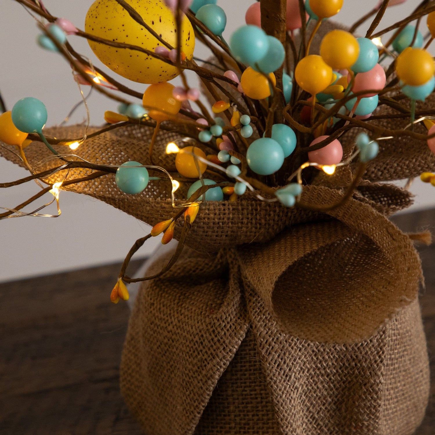 24" Pre-Lit Artificial Easter Egg Twig Tree with 30 LED Lights in Burlap Wrapped Base - Set of 2