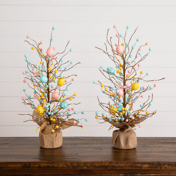 24" Pre-Lit Artificial Easter Egg Twig Tree with 30 LED Lights in Burlap Wrapped Base - Set of 2