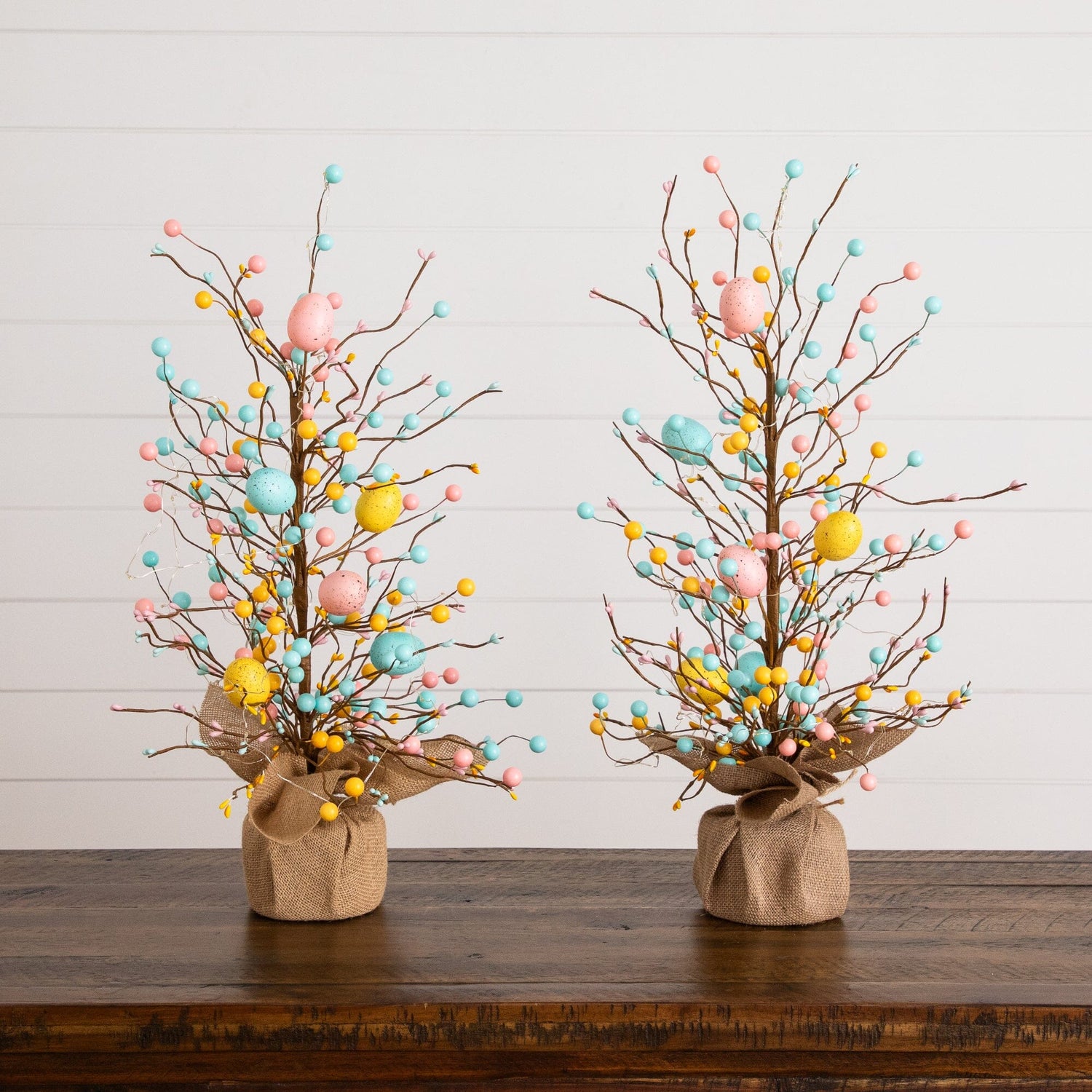 24" Pre-Lit Artificial Easter Egg Twig Tree with 30 LED Lights in Burlap Wrapped Base - Set of 2