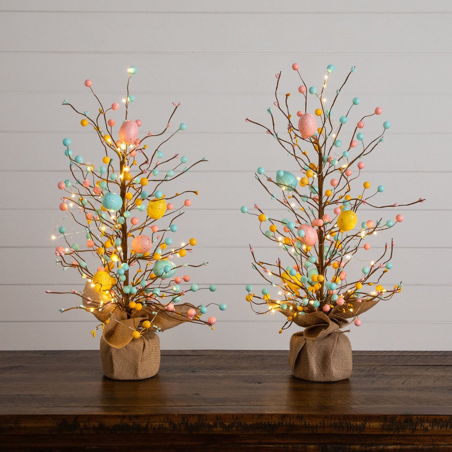 24" Pre-Lit Artificial Easter Egg Twig Tree with 30 LED Lights in Burlap Wrapped Base - Set of 2