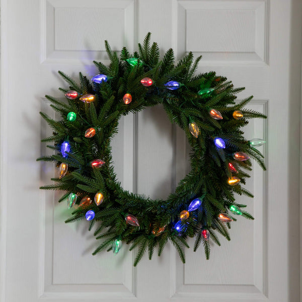 24" Pre-Lit Artificial Luxembourg Pine Christmas Wreath with 35 Multicolored Traditional Bulb LED Lights