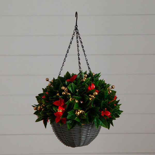 24" Pre-Lit UV Resistant Artificial Red Tip Photinia & Gold Berries Christmas Hanging Basket with 34 Warm White LED Lights (Indoor/Outdoor)