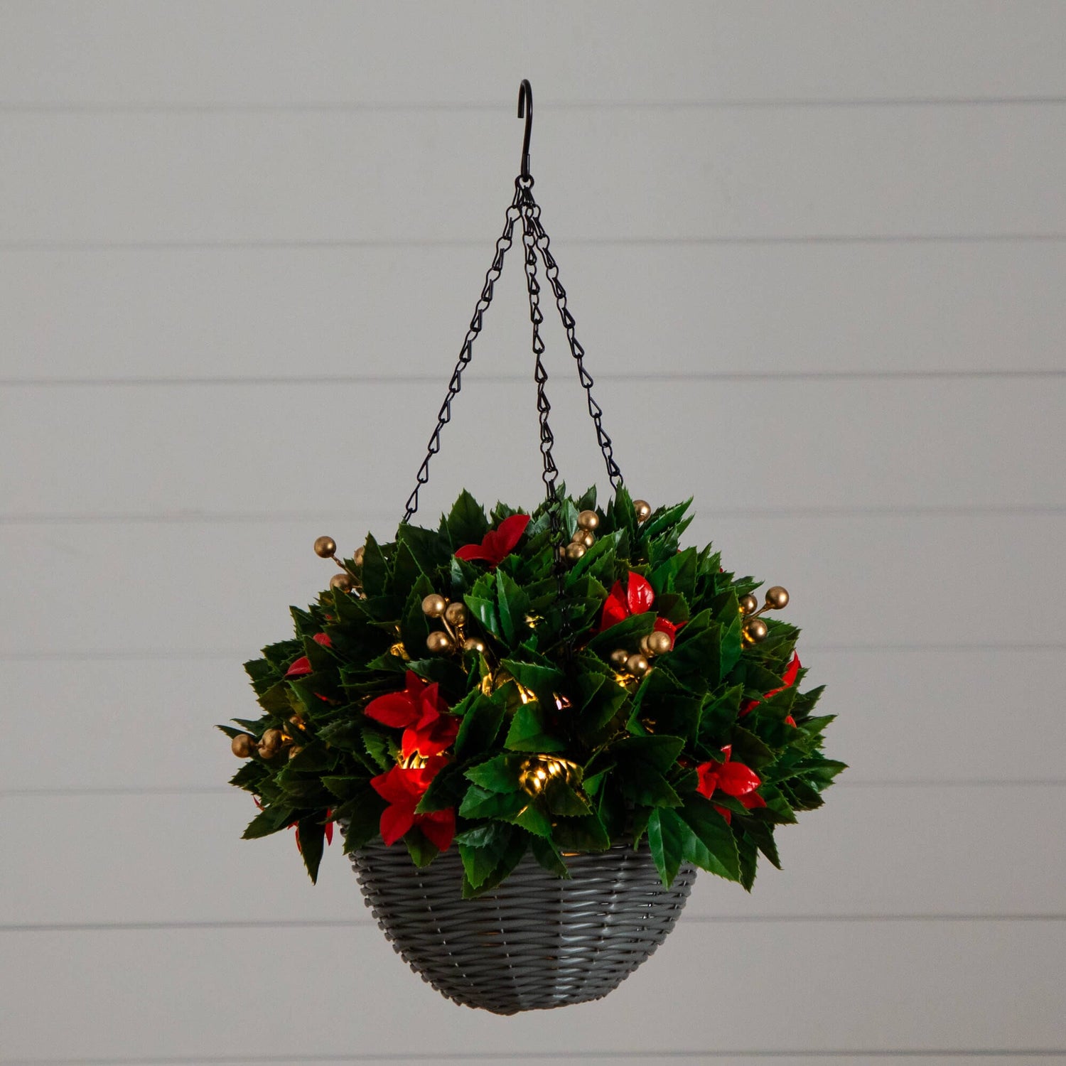 24" Pre-Lit UV Resistant Artificial Red Tip Photinia & Gold Berries Christmas Hanging Basket with 34 Warm White LED Lights (Indoor/Outdoor)