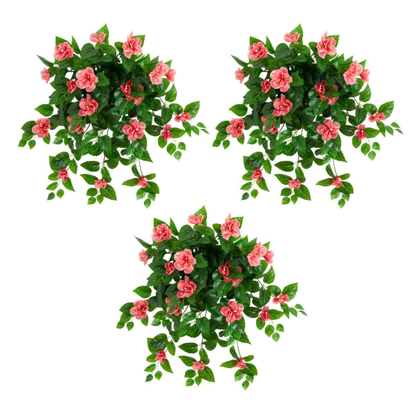 24" UV Resistant Artificial Azalea Hanging Plant (Indoor/Outdoor) - Set of 3