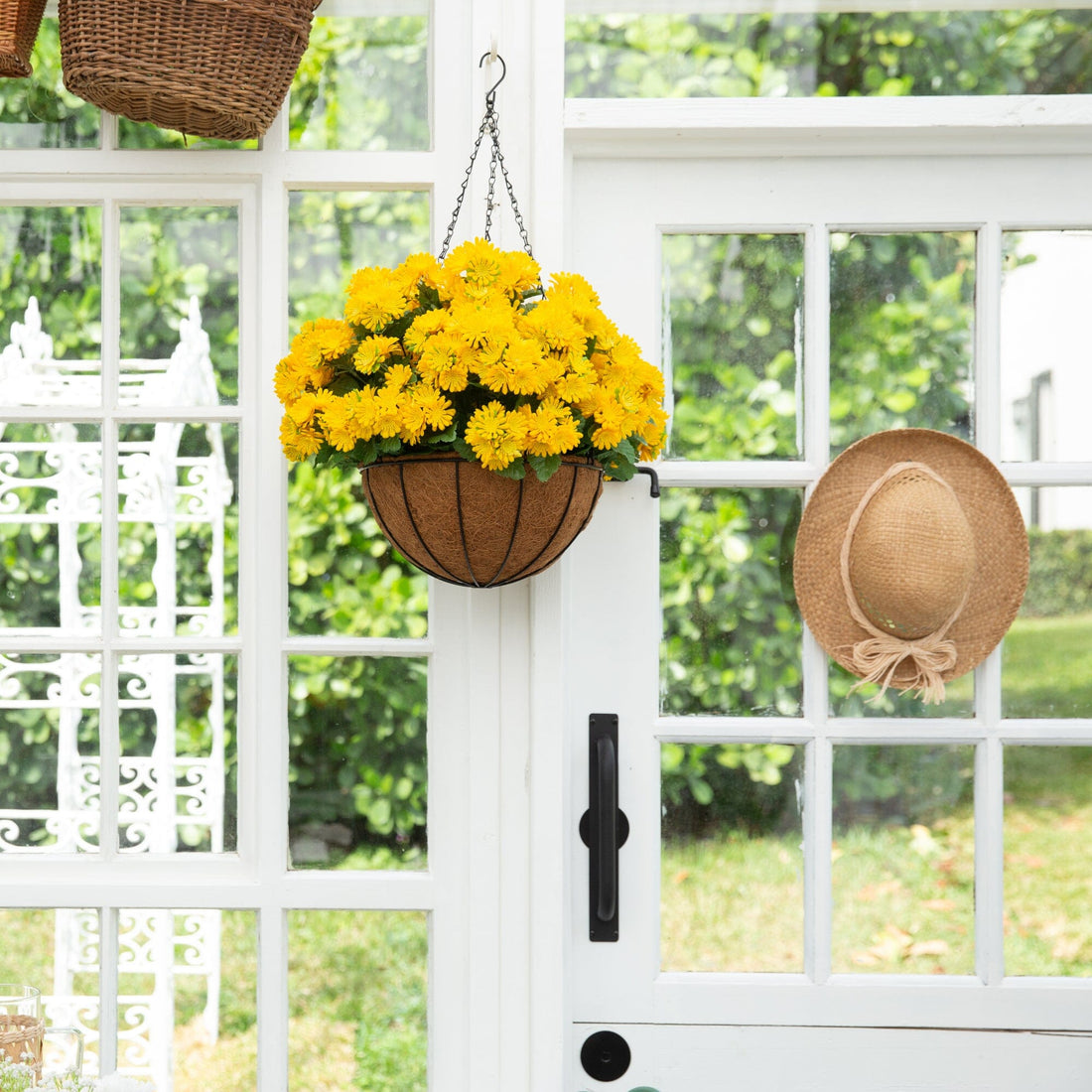 Nearly Natural 24 in. UV Resistant Artificial Chrysanthemum Hanging Basket Orange