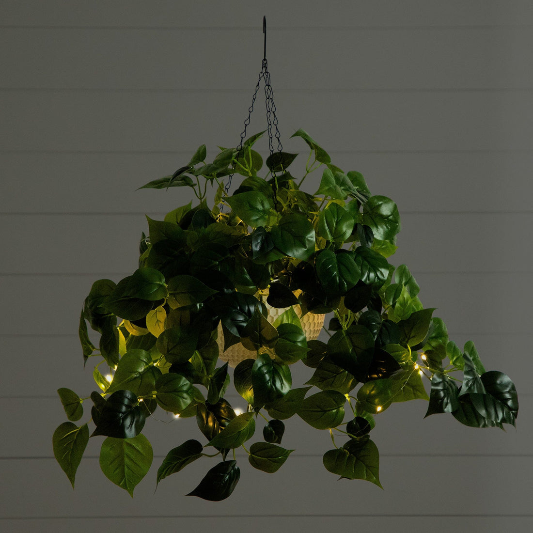 artificial hanging philodendron 24” UV Resistant Artificial Philodendron with 50 Warm White LED Lights in  White Hanging Basket