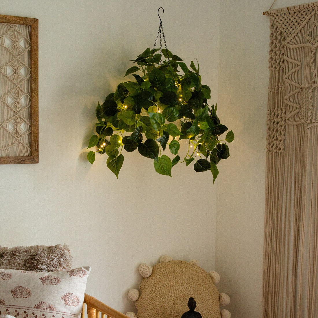 bethlehem lights hanging plants 24” UV Resistant Artificial Philodendron with 50 Warm White LED Lights in White Hanging Basket