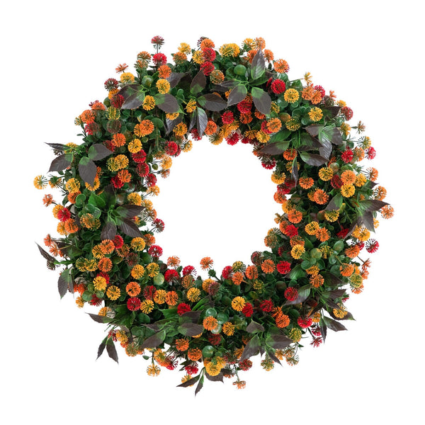 24” UV Resistant Autumn Artificial Fall Mum Wreath (indoor/Outdoor)