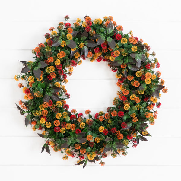 24” UV Resistant Autumn Artificial Fall Mum Wreath (indoor/Outdoor)