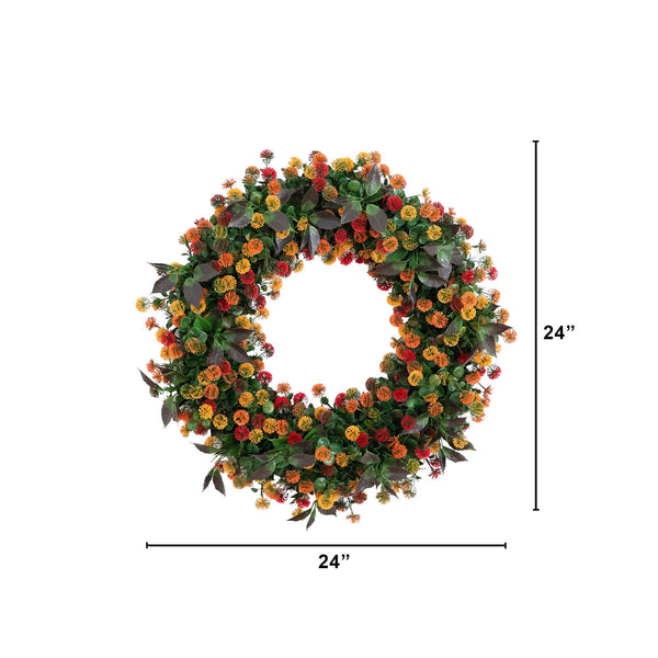 24” UV Resistant Autumn Artificial Fall Mum Wreath (indoor/Outdoor)