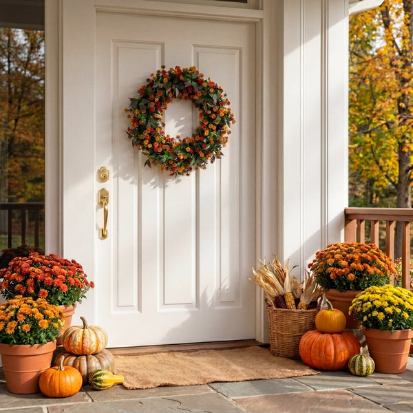 24” UV Resistant Autumn Artificial Fall Mum Wreath (indoor/Outdoor)