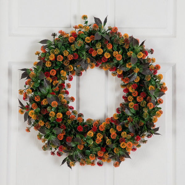 24” UV Resistant Autumn Artificial Fall Mum Wreath (indoor/Outdoor)