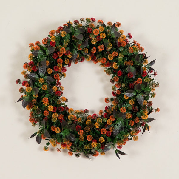 24” UV Resistant Autumn Artificial Fall Mum Wreath (indoor/Outdoor)