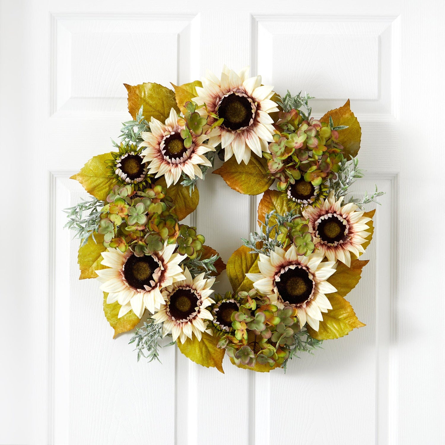 24” White Sunflower and Hydrangea Artificial Autumn Wreath