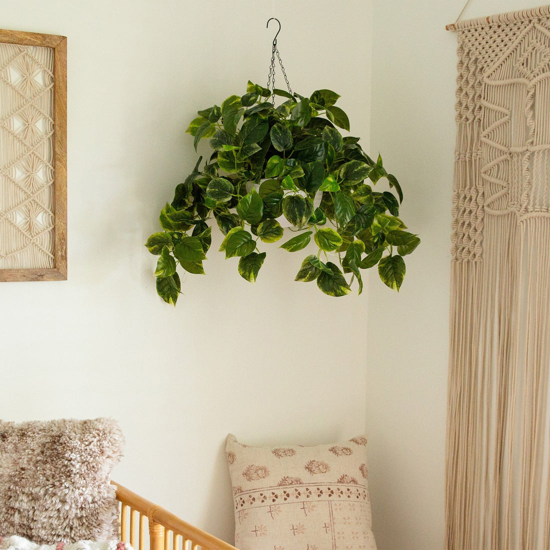 pothos home decor 24”UV Resistant Artificial Pothos with 50 Warm White LED Lights in White Hanging Basket