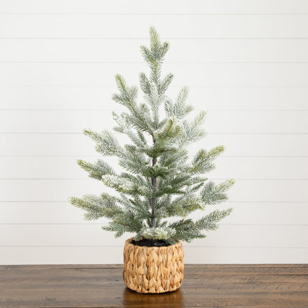 26” Artificial Flocked Fir Christmas Tree in Woven Basket