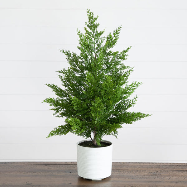 28” Artificial Real Touch Christmas Spruce Pine in White Decorative Planter