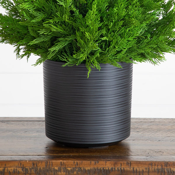 28” Artificial Real Touch Winter Cypress Bush in Black Decorative Planter